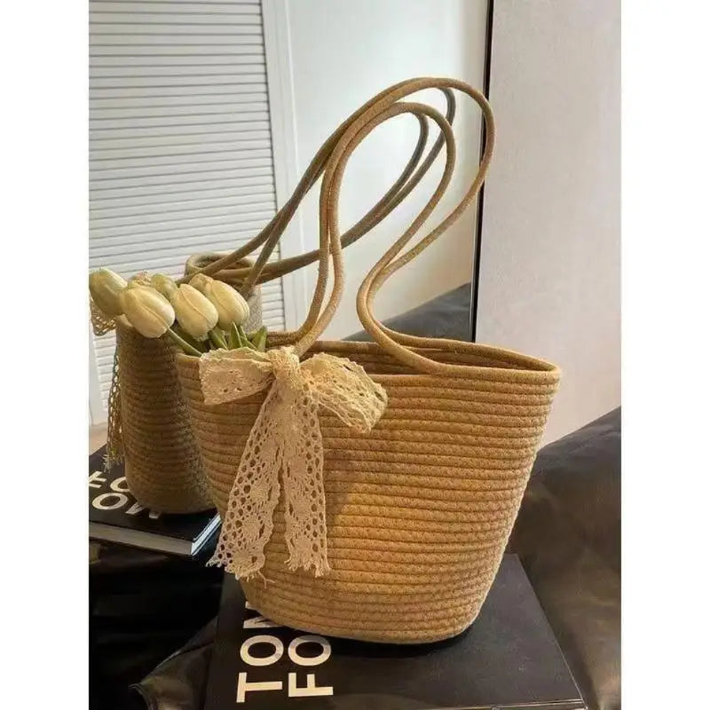 Bolsa de Paja Ligera con Asa, Bolso de Almacenamiento Portátil para Playa y Compras, Resistente al Sol, Accesorio de Verano