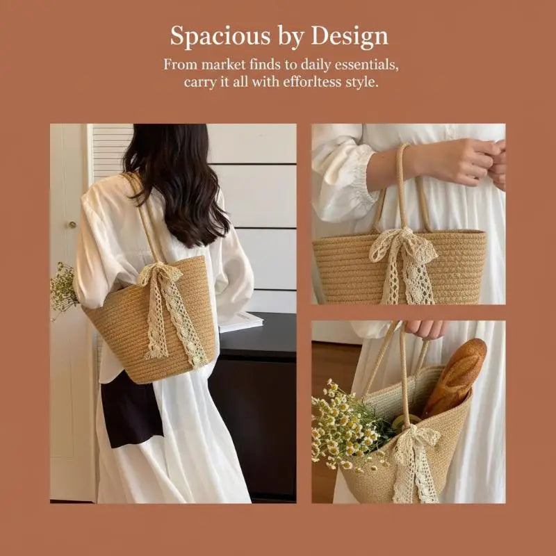 Bolsa de Paja Ligera con Asa, Bolso de Almacenamiento Portátil para Playa y Compras, Resistente al Sol, Accesorio de Verano