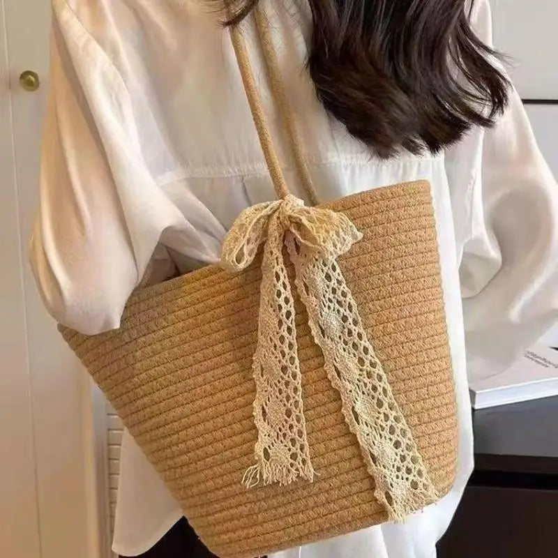 Bolsa de Paja Ligera con Asa, Bolso de Almacenamiento Portátil para Playa y Compras, Resistente al Sol, Accesorio de Verano