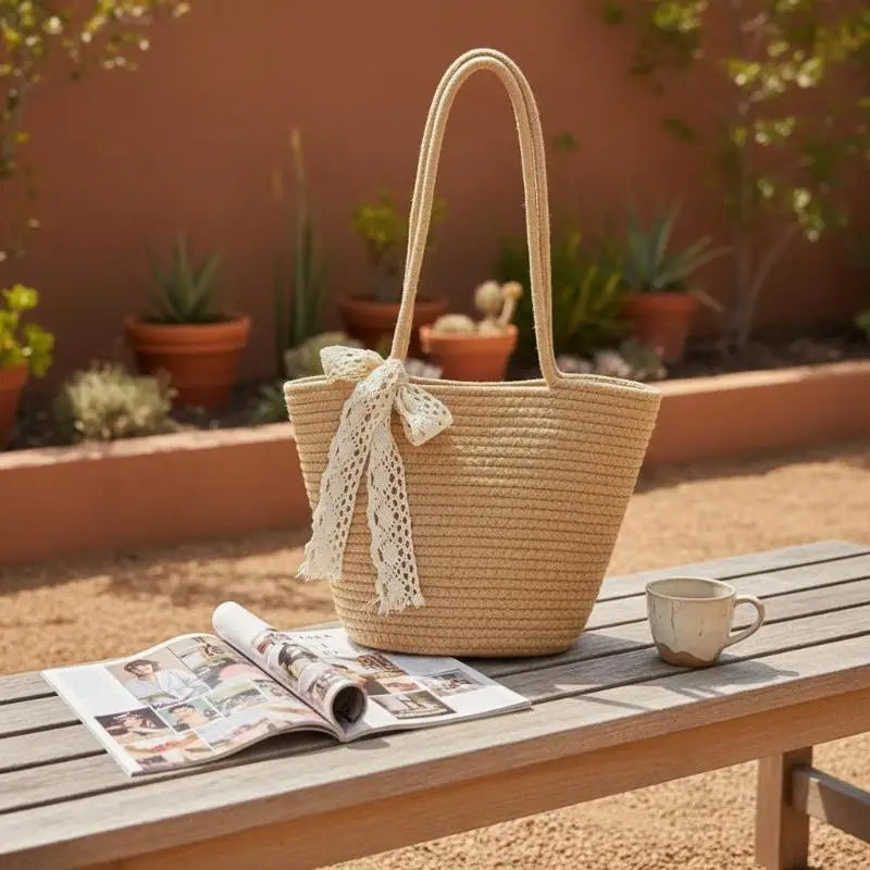 Bolsa de Paja Ligera con Asa, Bolso de Almacenamiento Portátil para Playa y Compras, Resistente al Sol, Accesorio de Verano