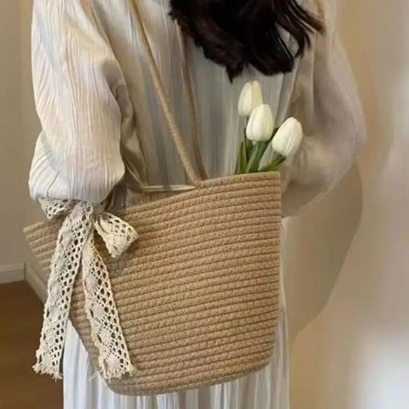 Bolsa de Paja Ligera con Asa, Bolso de Almacenamiento Portátil para Playa y Compras, Resistente al Sol, Accesorio de Verano