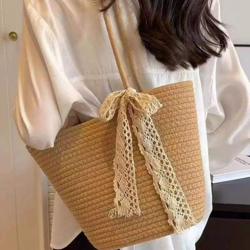 Bolsa de Paja Ligera con Asa, Bolso de Almacenamiento Portátil para Playa y Compras, Resistente al Sol, Accesorio de Verano