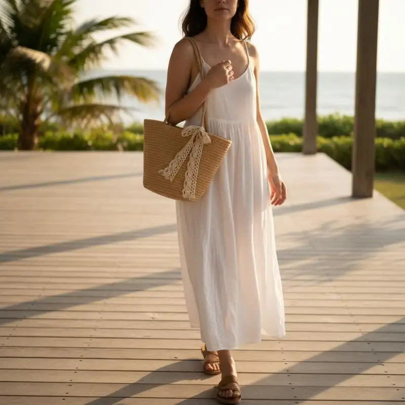 Bolsa de Paja Ligera con Asa, Bolso de Almacenamiento Portátil para Playa y Compras, Resistente al Sol, Accesorio de Verano
