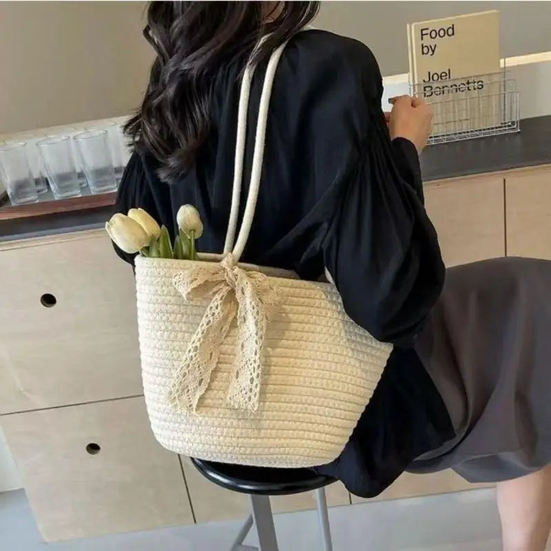 Bolsa de Paja Ligera con Asa, Bolso de Almacenamiento Portátil para Playa y Compras, Resistente al Sol, Accesorio de Verano