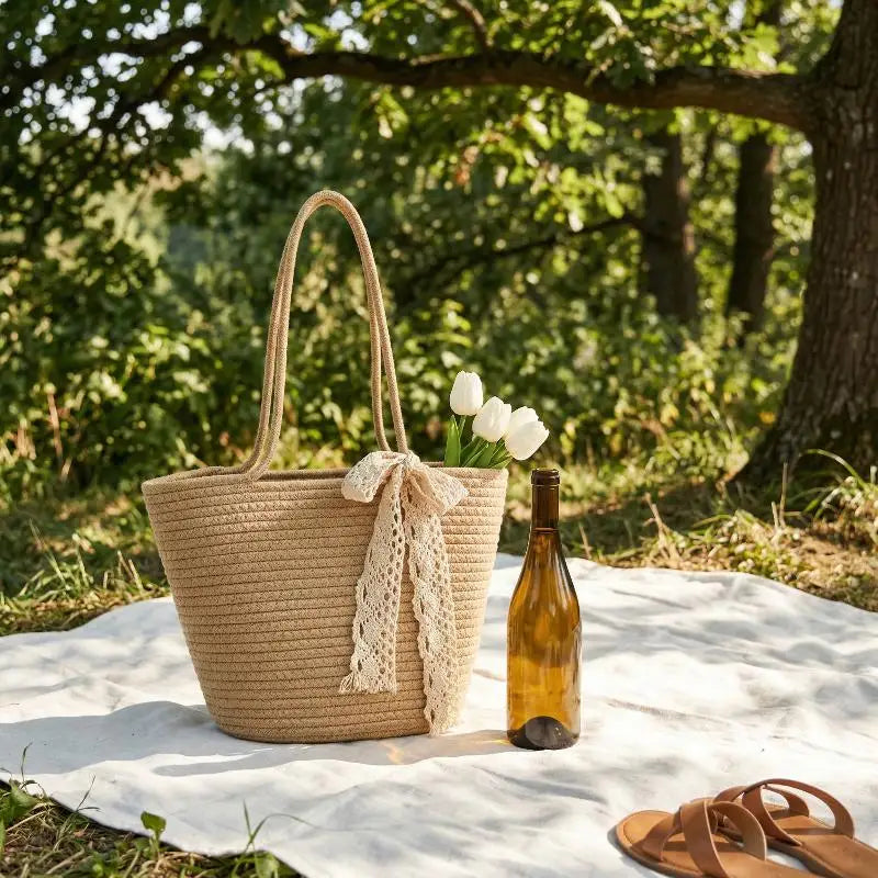Bolsa de Paja Ligera con Asa, Bolso de Almacenamiento Portátil para Playa y Compras, Resistente al Sol, Accesorio de Verano