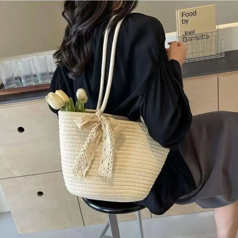 Bolsa de Paja Ligera con Asa, Bolso de Almacenamiento Portátil para Playa y Compras, Resistente al Sol, Accesorio de Verano